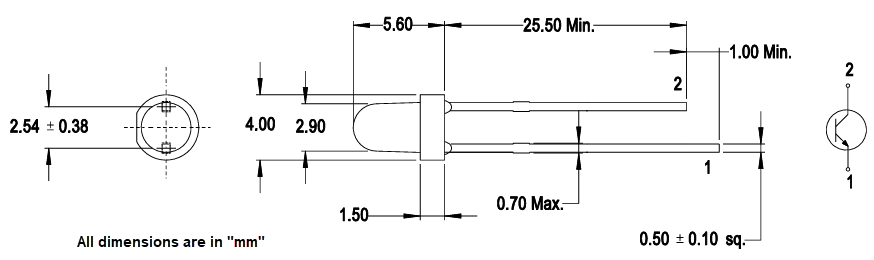Technische Zeichnung - Broadcom HLPT-B3x0-00000 Silizium-NPN-Fototransistoren